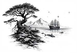 tattoo that has an acacia tree with mountains, ocean with a ship wreck with sharks and the northern star tattoo idea