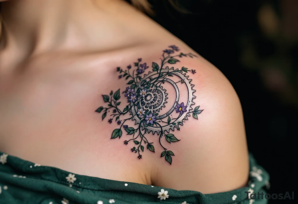 A detailed bicycle gear with intricate teeth, intertwined with vines and small wildflowers, symbolizing strength and connection to nature. The gear would be shaded in metallic silver with pops of green and purple for a fresh look. tattoo idea