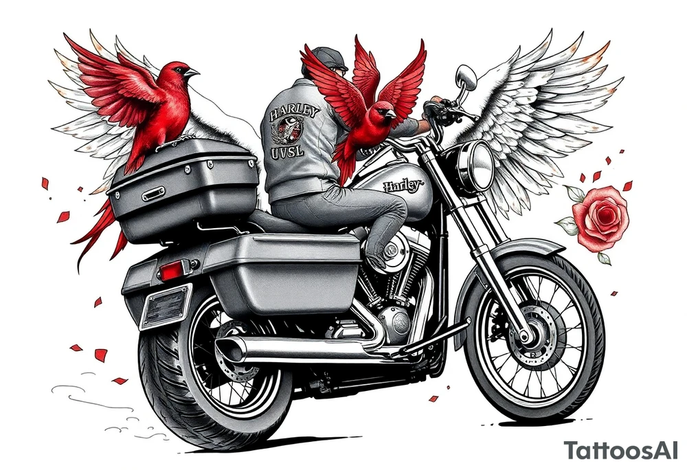 Harley grey motorcycle driving away, two red birds flying, roses, flames, angel wings tattoo idea