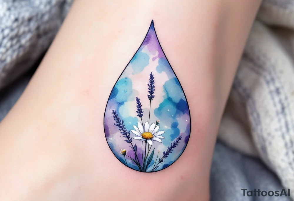 A delicate teardrop shape filled with soft watercolor splashes in shades of blue and purple, surrounded by tiny, fine line flowers like lavender and daisies, symbolizing healing and renewal. The colors should bleed into one another, creating a soft and flowing effect. tattoo idea