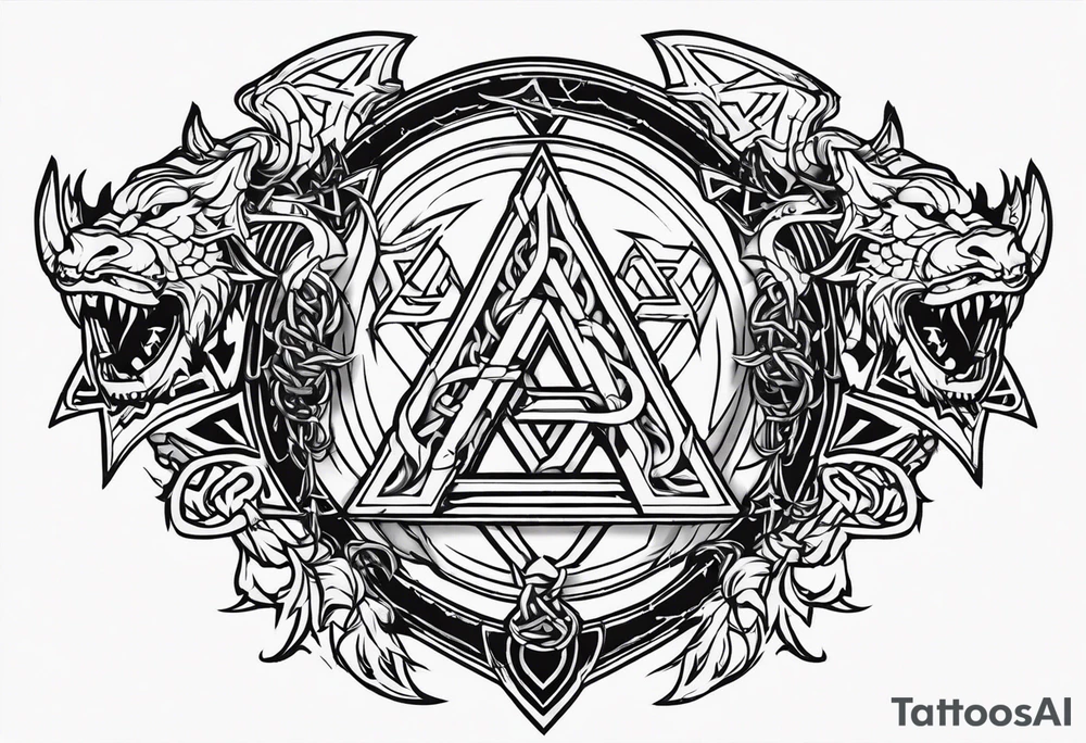 Valhalla sword shield dragon axe Valknut barbed wire chains fire tattoo idea Valhalla sword shield dragon axe Valknut barbed wire chains fire tattoo idea