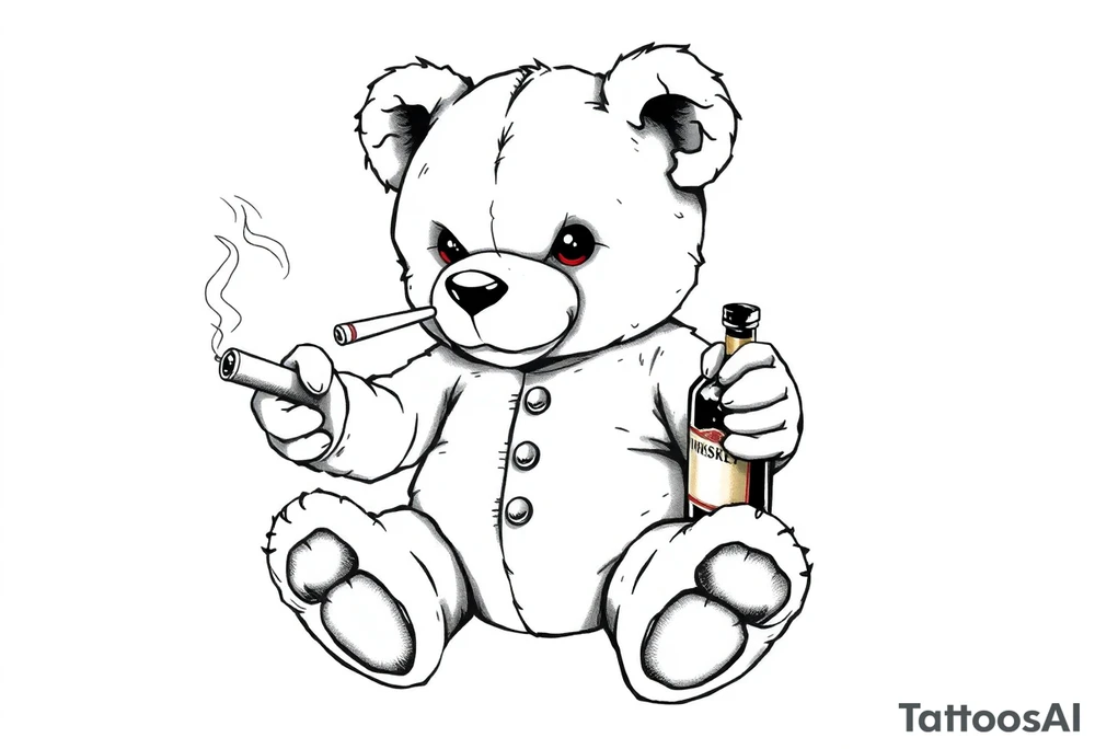 "A black and white realistic tattoo design of a rebellious teddy bear. The bear looks worn out, with visible stitches, a torn ear, and a button eye. It sits in a relaxed pose, holding a smoking cigar in one paw and a whiskey bottle in the other. Some stuffing is peeking through its seams. The bear has a smug expression, and its eyes glow red as a minimal color accent. The style is detailed, dark, and edgy, perfect for a tattoo. tattoo idea