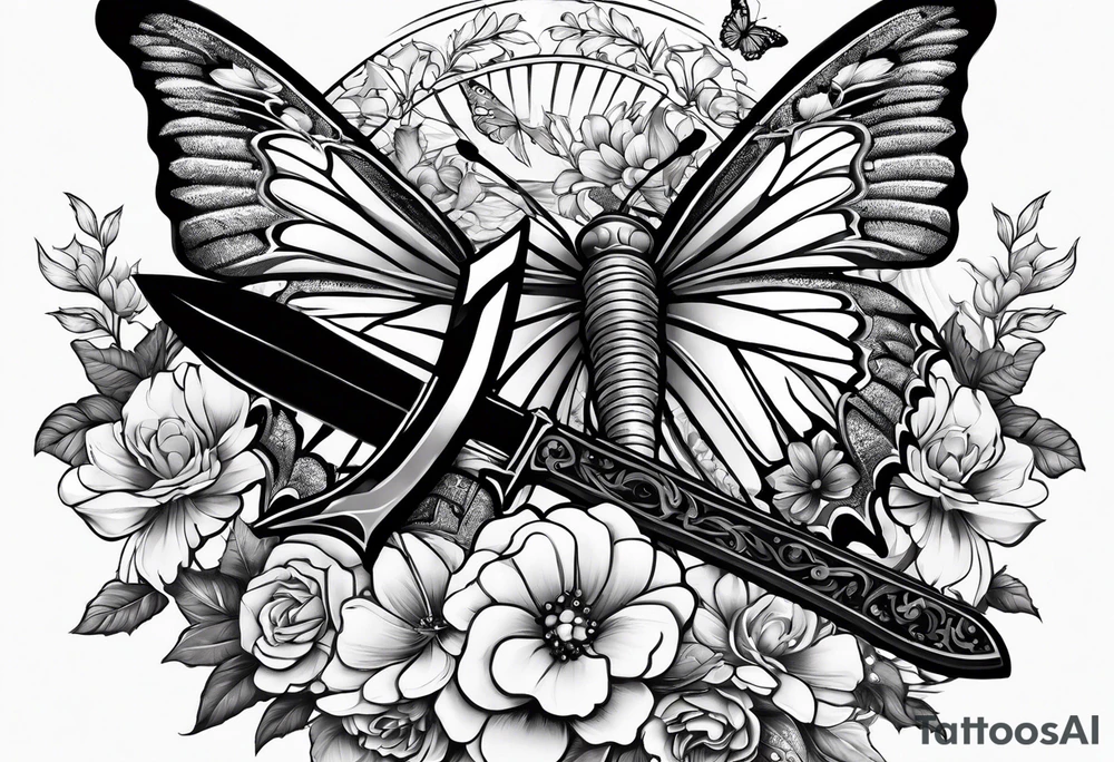 Sword with flowers wrapped around the sword. Also a butterfly tattoo idea