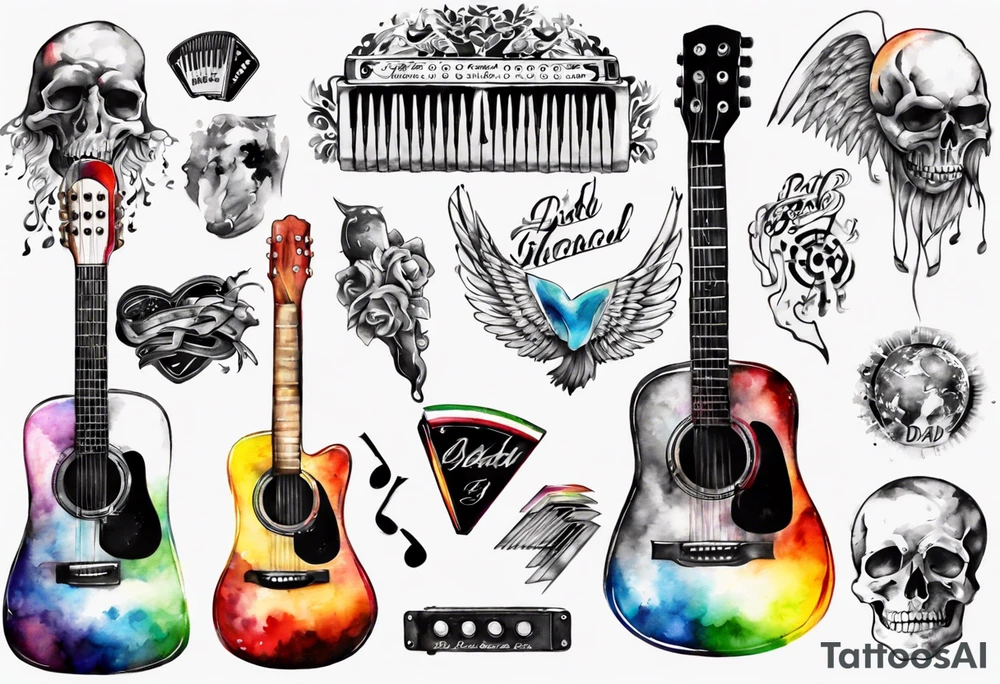 Music, guitar, harmonica, pick, dad, thunder, rainbow, tattoo idea