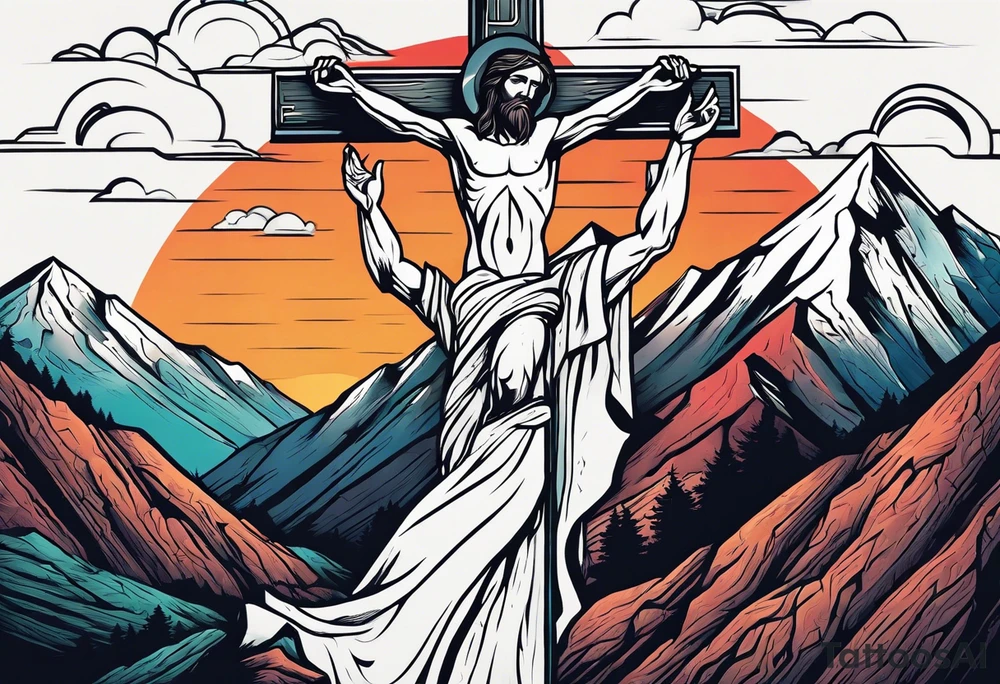 hand reaching through the cross of Christ holding a man on the other side in the mountains tattoo idea