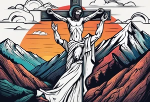 hand reaching through the cross of Christ holding a man on the other side in the mountains tattoo idea