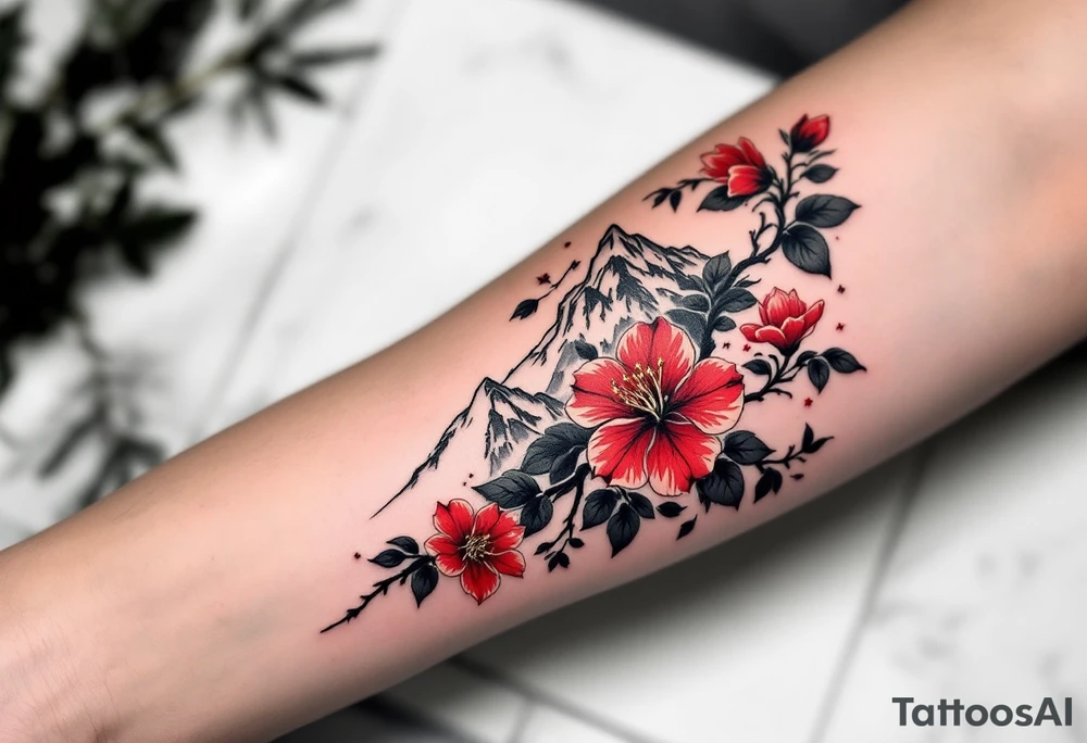red  and black rhododendron trippy with Himalayas behind tattoo idea