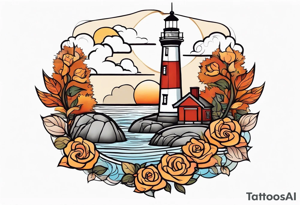 thigh tattoo in fall colors, showing lighthouse, water flow around rocks, sky, clouds, leaves, roses tattoo idea