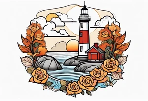 thigh tattoo in fall colors, showing lighthouse, water flow around rocks, sky, clouds, leaves, roses tattoo idea