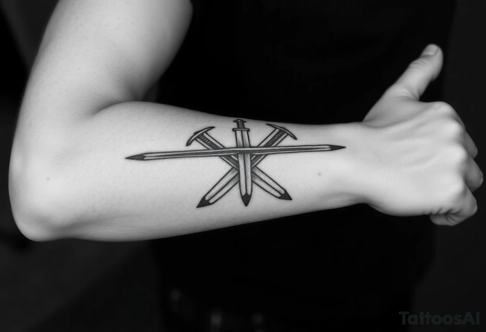 Give me a tattoo based on proverbs 27:17 about iron sharpening iron for me and the guys to get together probably two swords in it want a cross on the handle too tattoo idea