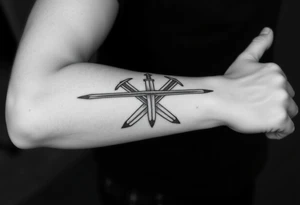 Give me a tattoo based on proverbs 27:17 about iron sharpening iron for me and the guys to get together probably two swords in it want a cross on the handle too tattoo idea