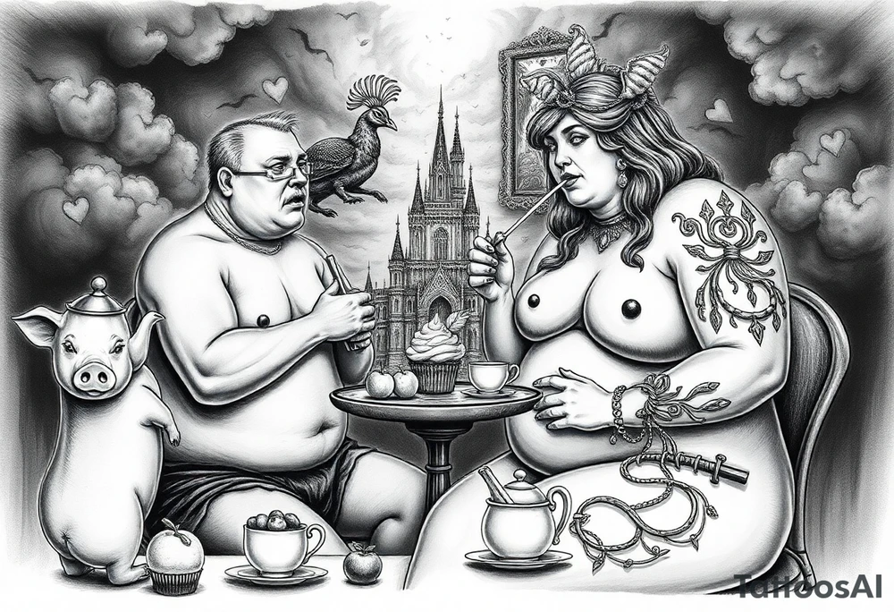 Naked Man and fat woman having sex eating cupcakes and  fruit  having sexy naked fat lady having a tea party with tea pots  swith fancy castle  
with mystical  a pigs, peacock,  lion, goat, noose and smoking cigerettes looking in the mirror thru storm clouds and broken hearts and darkness and wrath, envy , gluttony, greed, sloth, pride . Gothic tattoo idea