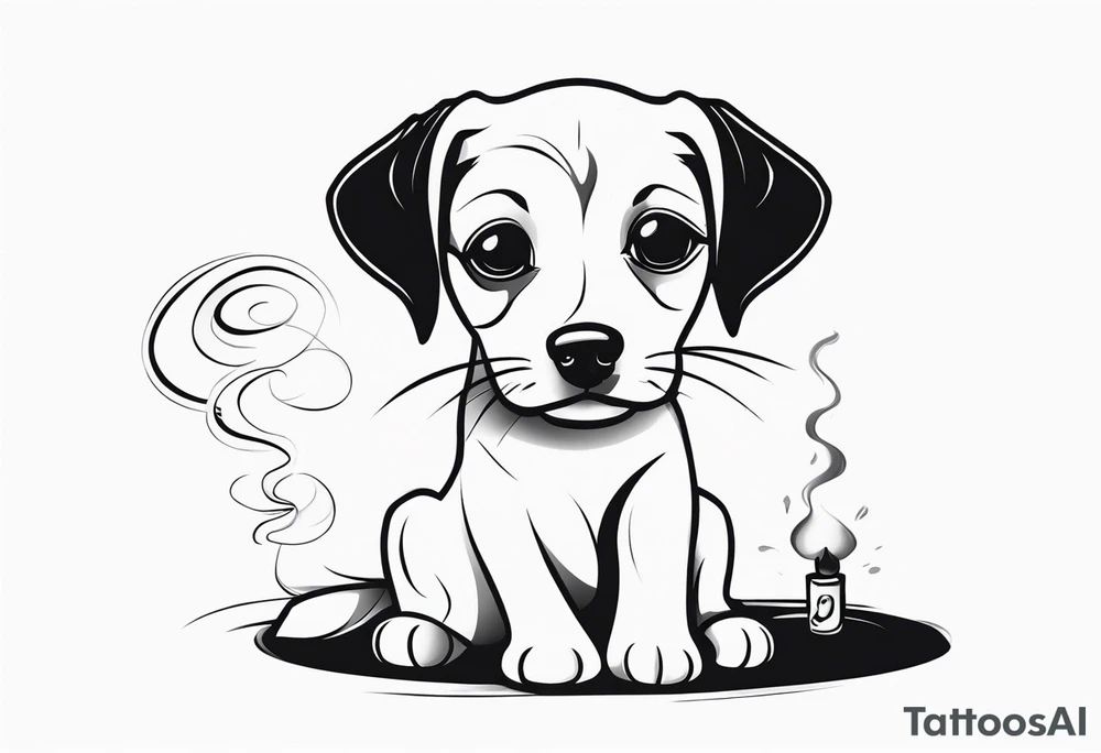 A sketch of a cute dog with large, sad eyes, sitting and smoking a joint
, with smoke swirling around its head tattoo idea