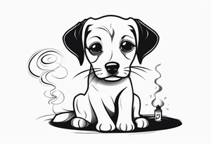 A sketch of a cute dog with large, sad eyes, sitting and smoking a joint
, with smoke swirling around its head tattoo idea