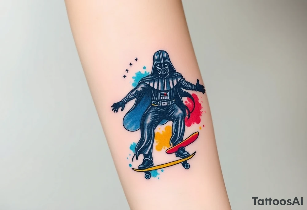 Darth Vader skateboarding > heaven
blue. red. yellow.
skateboard words "Darth Carter"
add date 12/29/88-01/06/24 tattoo idea