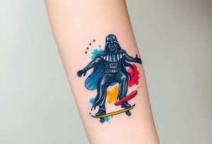 Darth Vader skateboarding > heaven
blue. red. yellow.
skateboard words "Darth Carter"
add date 12/29/88-01/06/24 tattoo idea