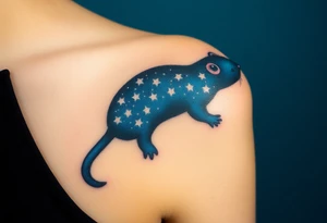 A celestial mole gazing at the stars, with a deep navy-blue fur coat speckled with glowing white constellations tattoo idea