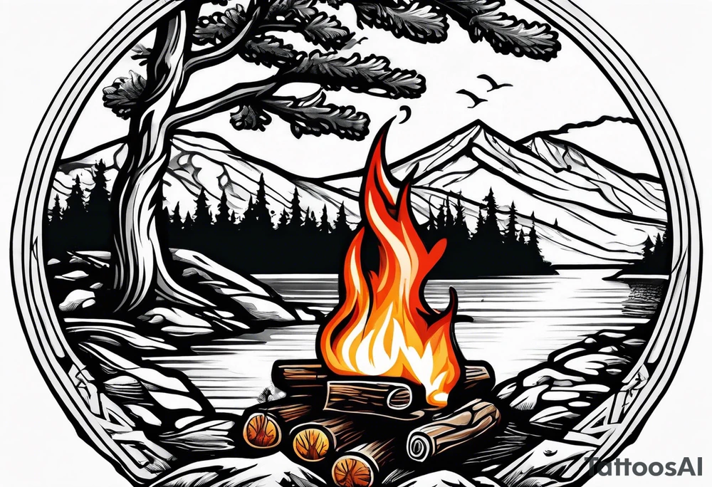 Small campfire in the center, right side: an evergreen tall tree, left side: mountain stream tattoo idea