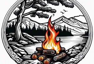 Small campfire in the center, right side: an evergreen tall tree, left side: mountain stream tattoo idea