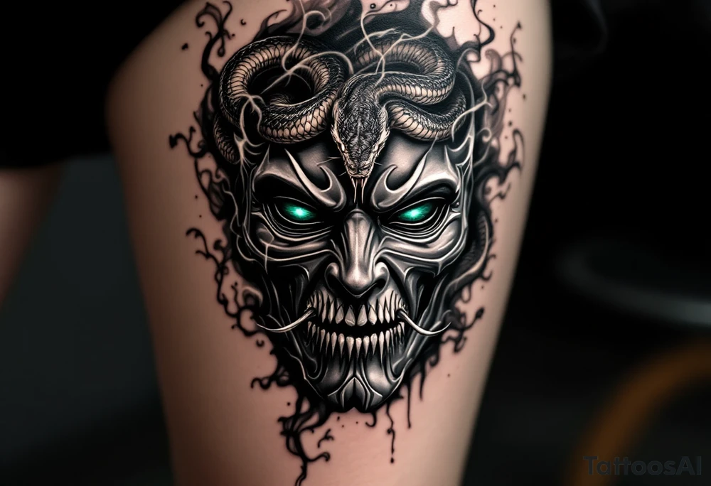 A detailed mask with a venomous snake coiled on the forehead, surrounded by swirling smoke and dark shadows. The mask’s sharp features have an eerie, haunting glow. Matte black with silver highlights for the mask, dark greys for shadows, and deep green for the snake’s eyes. tattoo idea