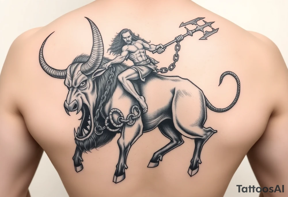 A minotaur with over sized teeth and a crazy guy on the back riding the Minotaur holding to the devils trident in 1 hand and the other hand holding a chain that’s around the beastn eck hanging on as if his life dependent on it tattoo idea