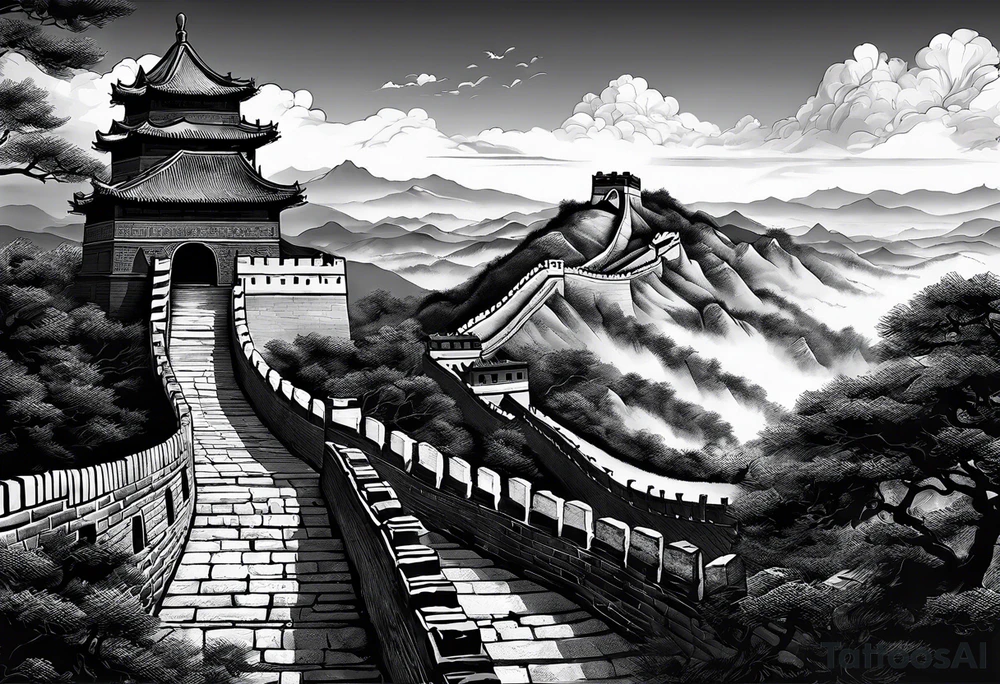 Great Chinese wall, realistic, art, gezeichnet, fine line, black and grey, man, details, high tattoo idea