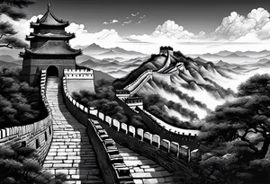 Great Chinese wall, realistic, art, gezeichnet, fine line, black and grey, man, details, high tattoo idea