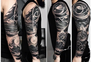 From left shoulder to forearm sleeve tattoo. Fine line geometric, concept design tattoo, ocean thunder fire , geometric and surrounds a previous tattoo of a watch on the tricep to biscep tattoo idea