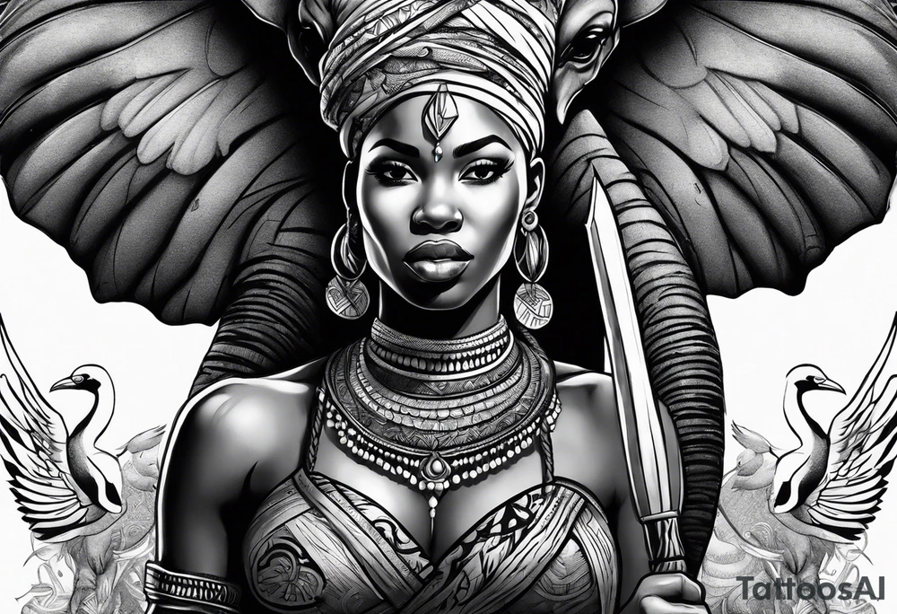 African woman warrior holding a spear with birds and elephants in the background tattoo idea