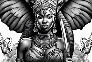 African woman warrior holding a spear with birds and elephants in the background tattoo idea