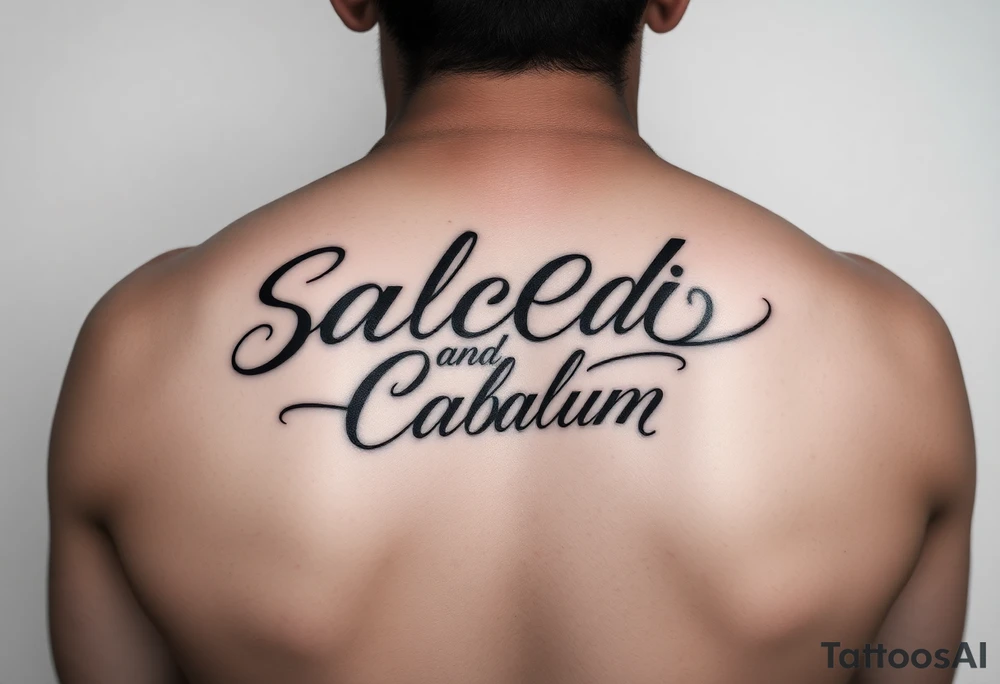 Script tattoo, LA Chicano style, style like alecki ramos the tattoo artist, I need it to say both my last names - Salcedo and Cabalum. One on top of the other. I need it to spread across the top half of my back, touching the top of shoulder blades. tattoo idea