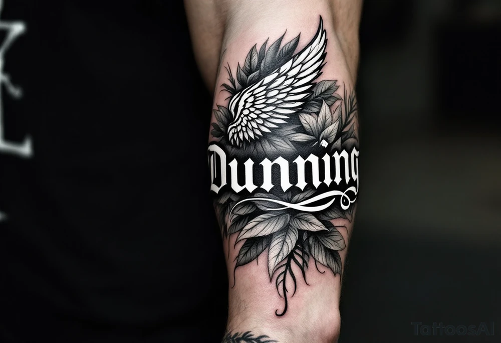 Dunning, left forearm details include angel wing, greek type of font,jungle leaves, name is big and in white color tattoo idea