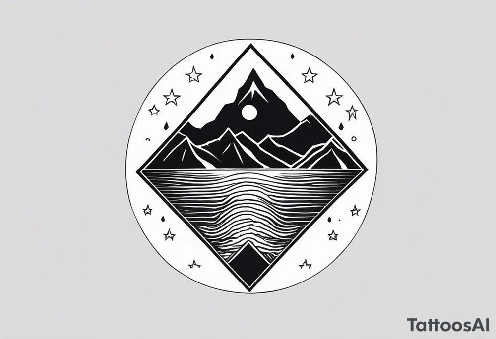 fineline style, black, no fill, mountain massif, one Peak, water wave, a large semi-circle with two small colored stars frames the mountain peak, an open diamond as a geometric shape with dashed lines surrounds everything with the water overhanging the diamond, tattoo idea