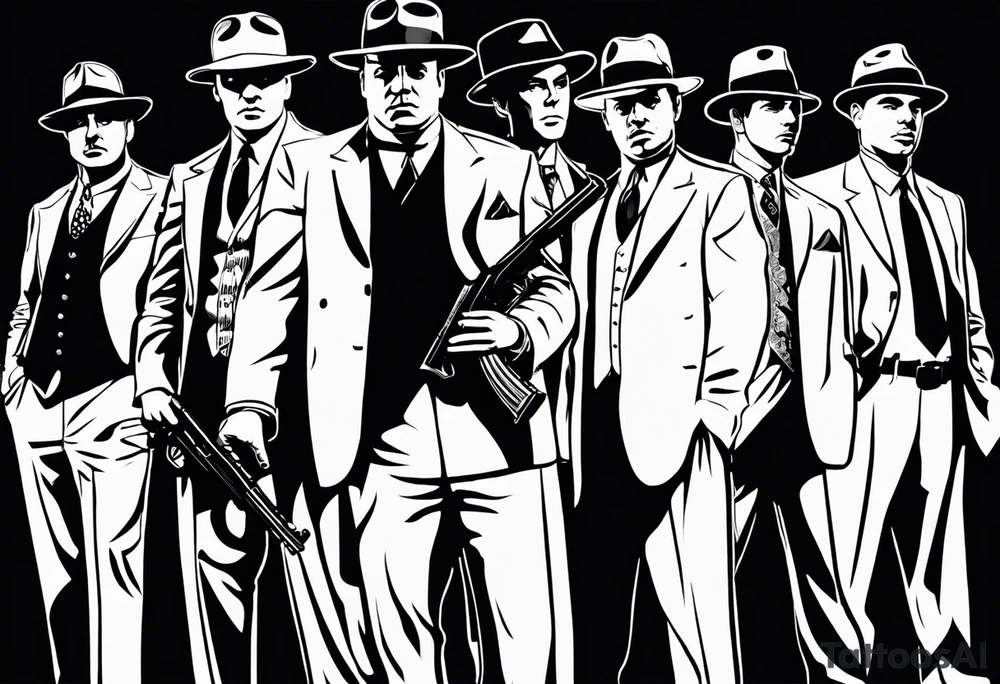 group of gangsters standing together including Al Capone, John Dillinger, Machine Gun Kelley, Bonnie and Clyde along with tommy guns tattoo idea