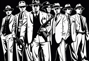 group of gangsters standing together including Al Capone, John Dillinger, Machine Gun Kelley, Bonnie and Clyde along with tommy guns tattoo idea
