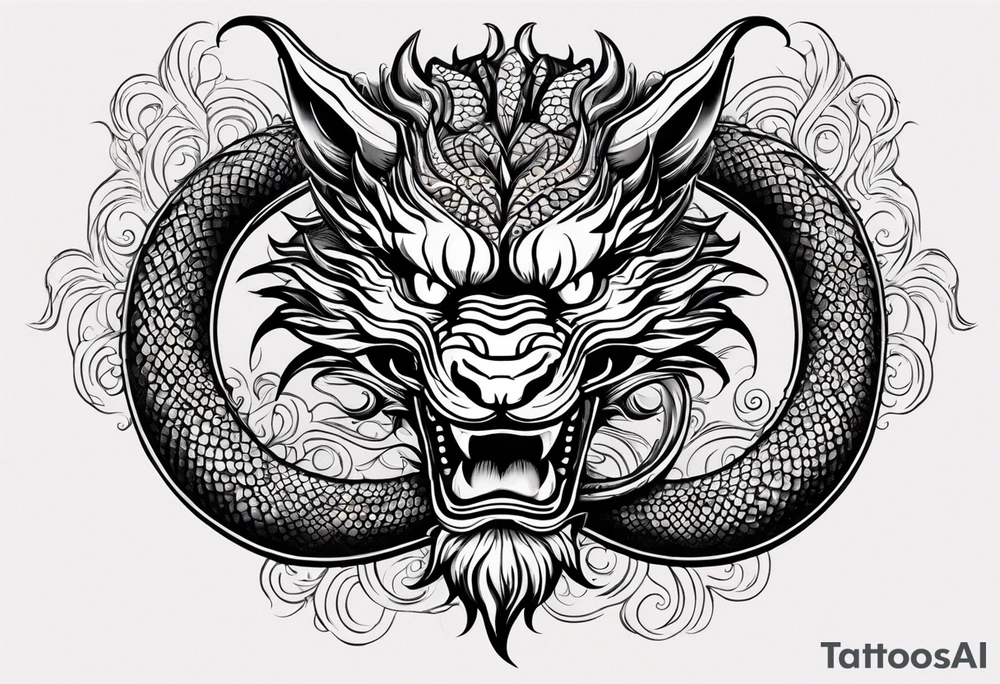 Create a detailed sketch of a Chinese dragon tattoo. The dragon should be depicted in a dynamic, serpentine pose, with its body coiled and flowing gracefully. Emphasize its ornate features: long, sinuous body covered in intricate scales, powerful claws, and a fierce, expressive face with prominent whiskers and a beard. Include traditional Chinese elements like clouds or waves to enhance the composition. Use clean lines and bold shading to ensure the design is suitable for a tattoo, with a focus on capturing the dragon's majestic and mythical qualities tattoo idea