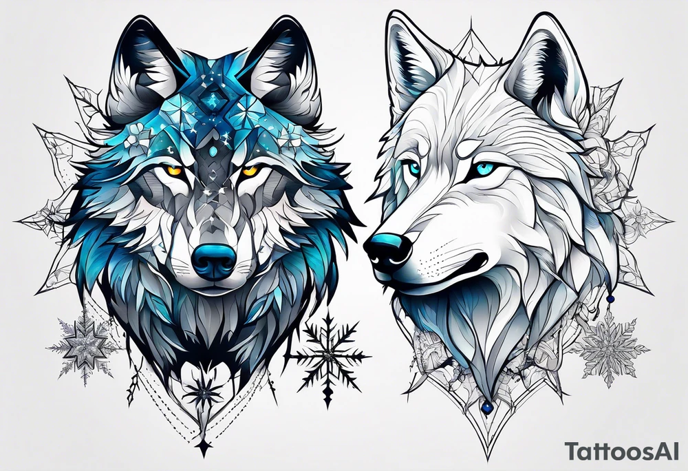 Constellation, two animal wolf, snowflake tattoo idea