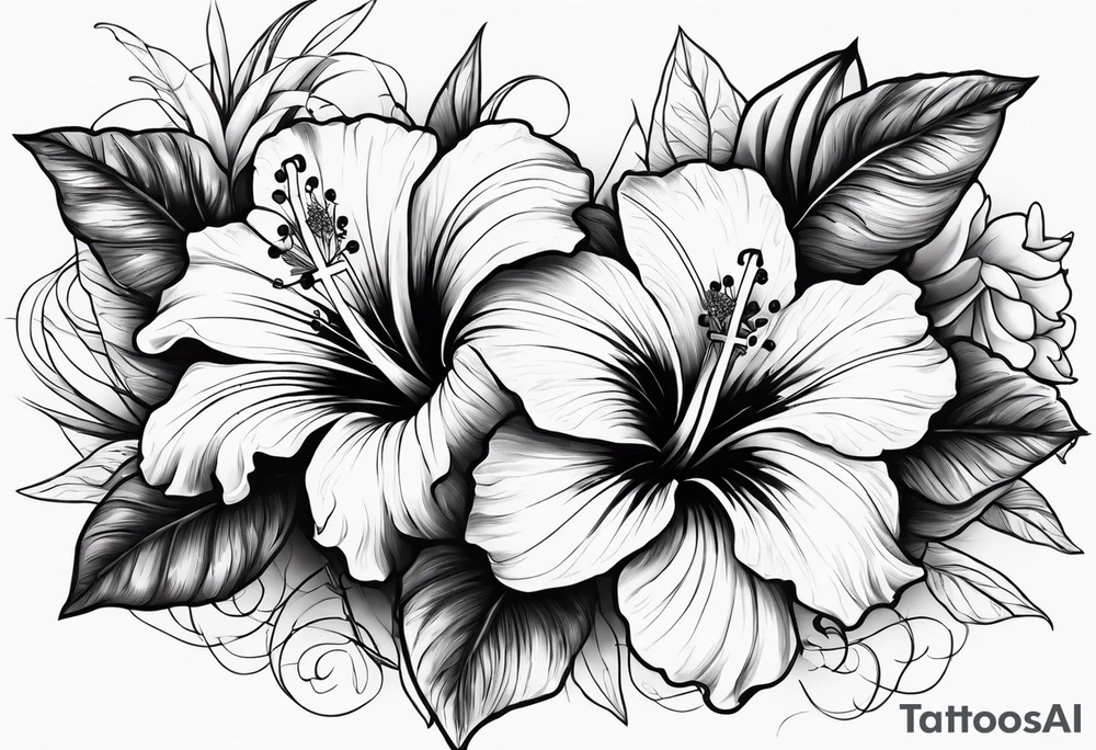 hibiscus and lily flowers in the background with an absent cross overlapping it tattoo idea