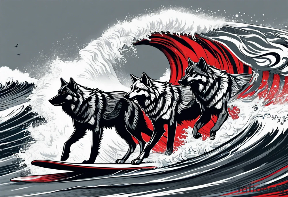 a pack of 3 howling muscular  gray wolves surfing waves with a linear background with red, white and black and gray tattoo idea