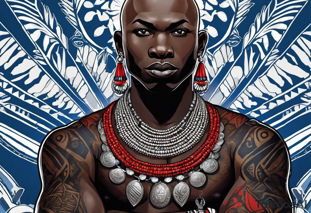 Black-skinned bald african warrior. He wears a simple and small silver crown. He uses two simple necklaces: one blue, other red. He has cowry shells in his crown tattoo idea