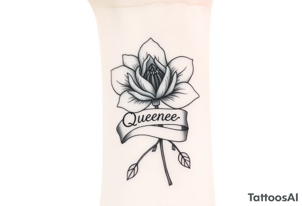 A beautiful flower with a card queen sign and a ribbon tied around the flower with queenie and a small heart tattoo idea