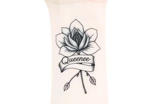 A beautiful flower with a card queen sign and a ribbon tied around the flower with queenie and a small heart tattoo idea