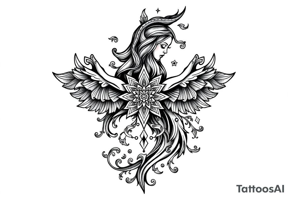 mytical shaman and mytolog style ornametn with ancient rhyme tattoo idea