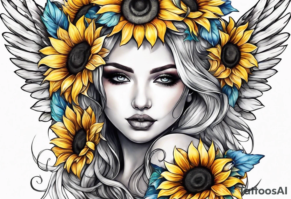 Sunflowers and angel wings leg sleeve tattoo idea