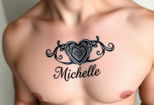Design a tattoo for a man’s chest of a woman’s name (Michelle). Incorporate a subtle Irish Claddagh. Have the name Michelle below the heart tattoo idea