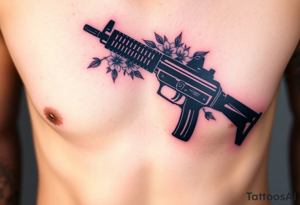 ak 47 black silhouette with floreal details tattoo idea