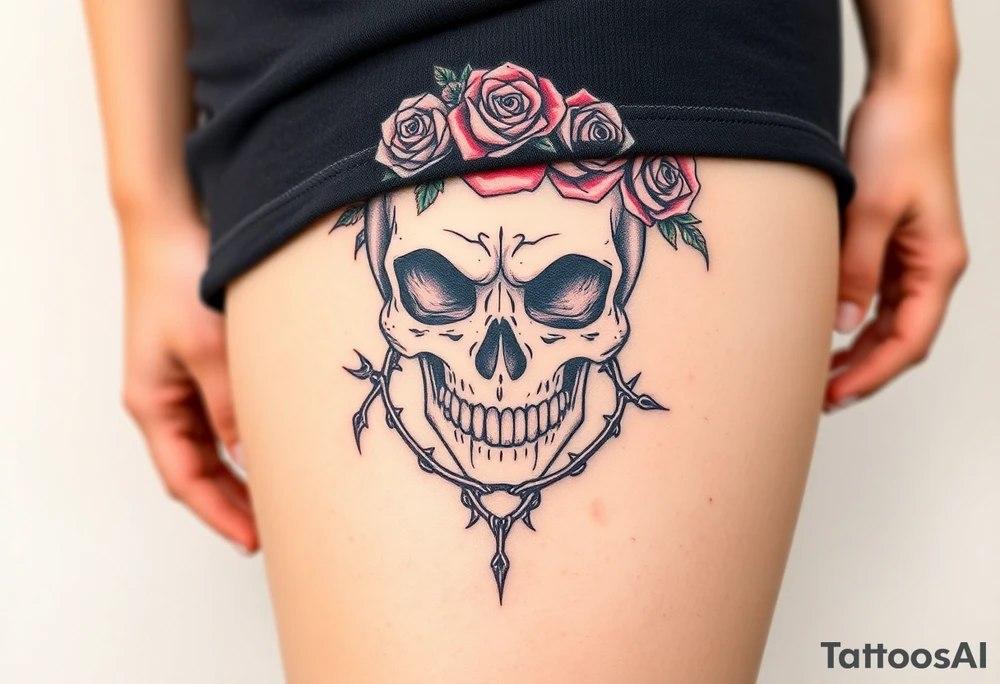 ornate skull adorned with crown of wild roses and thorns tattoo idea