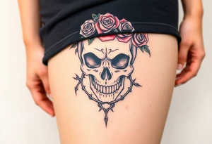 ornate skull adorned with crown of wild roses and thorns tattoo idea