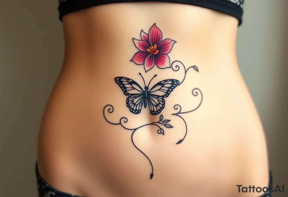 Exotic flower with a butterfly sitting in it around the belly button with vines going in v shape around the entire waist line tattoo idea