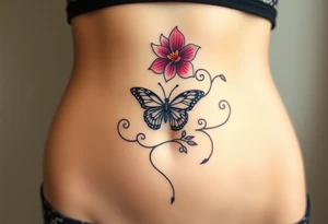Exotic flower with a butterfly sitting in it around the belly button with vines going in v shape around the entire waist line tattoo idea